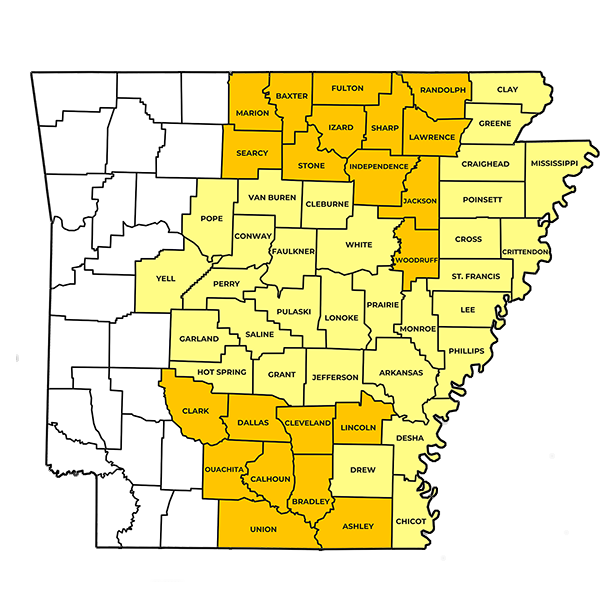 Arkansas map with highlighted Catalyze counties
